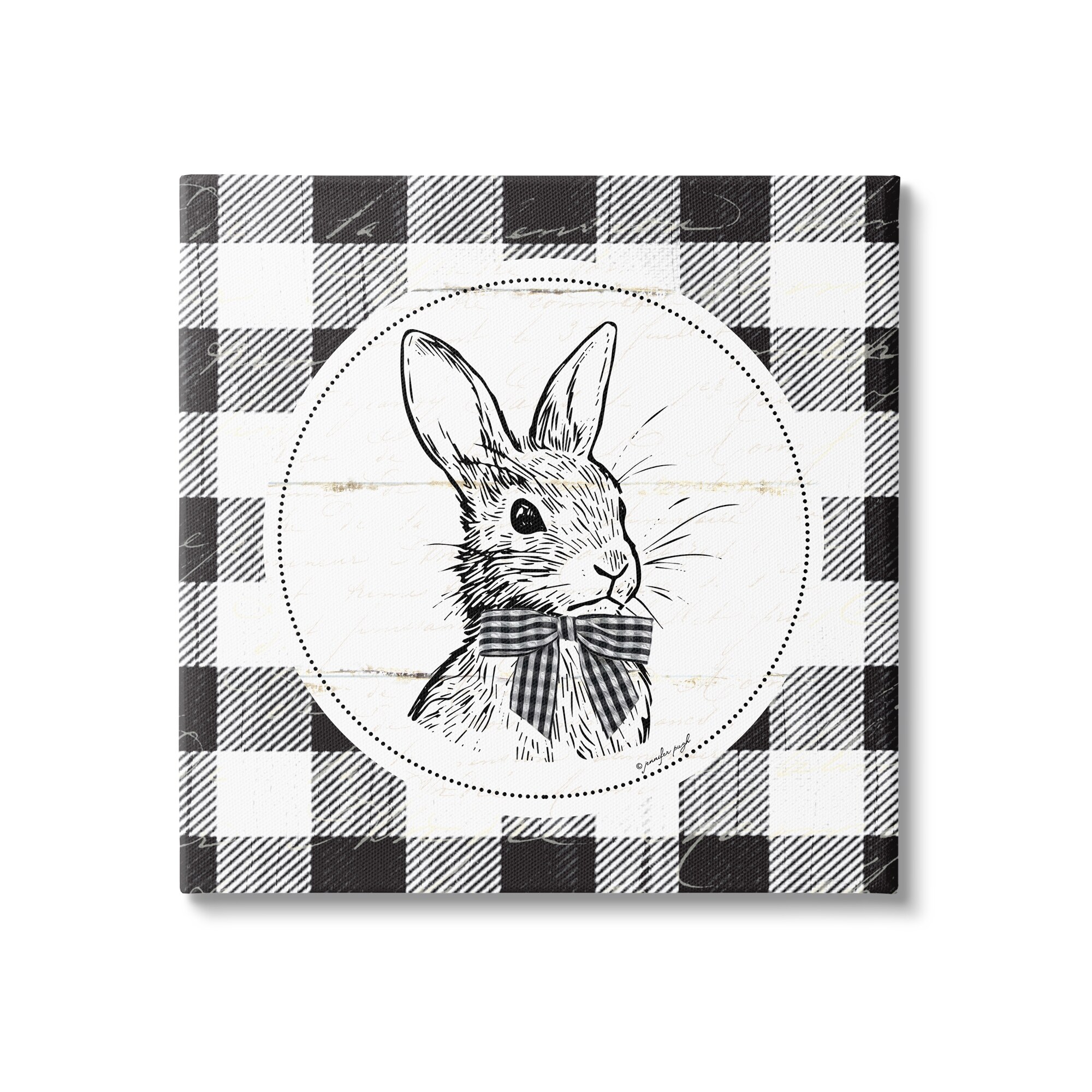 Detailed Easter Bunny Drawing Spring Plaid Border Animals & Insects Graphic Art Gallery-Wrapped Canvas Print Wall Art