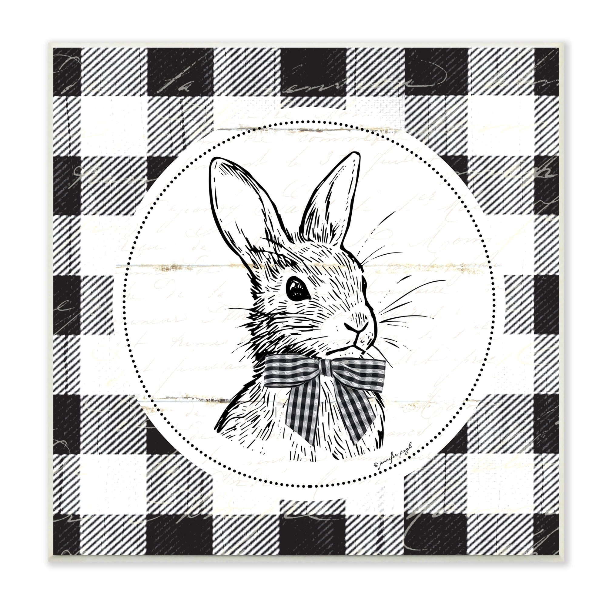 Detailed Easter Bunny Drawing Spring Plaid Border Animals & Insects Graphic Art Unframed Art Print Wall Art