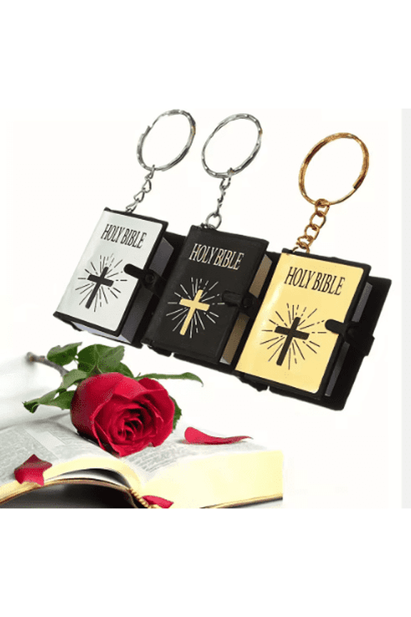 Detailed English Scripture Holy Bible Cross Design Split Ring Keychain Mini Bible, Black