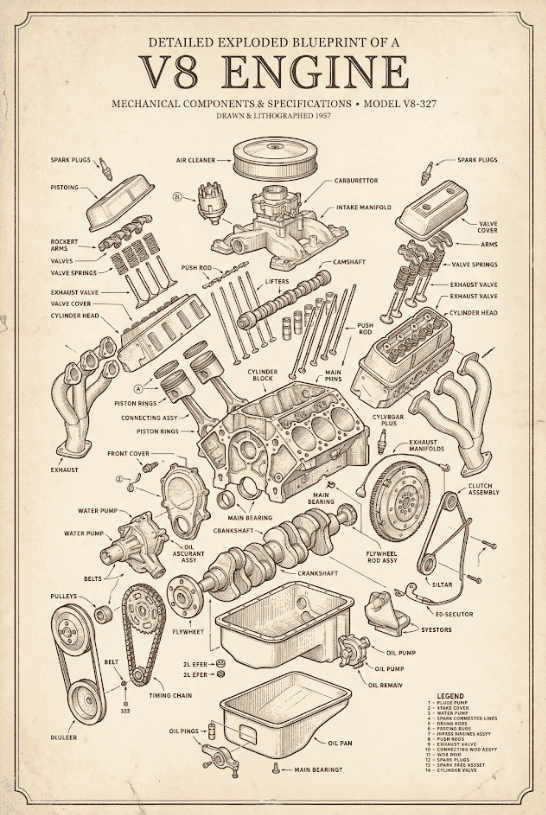 Detailed Exploded V8 Engine Poster Mechanical Diagram Blueprint ...