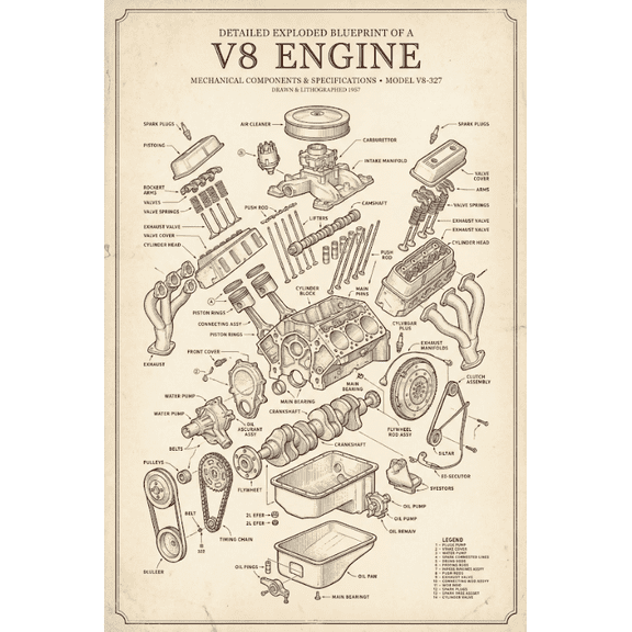 Detailed Exploded V8 Engine Poster Mechanical Diagram Blueprint Automotive Wall Art Gift