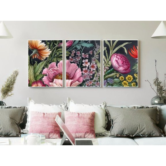 Detailed Flora Wall Art Intricate Flower Triptych Prints Dark Botanical Decor Scientific Illustration Gallery Set Set 3