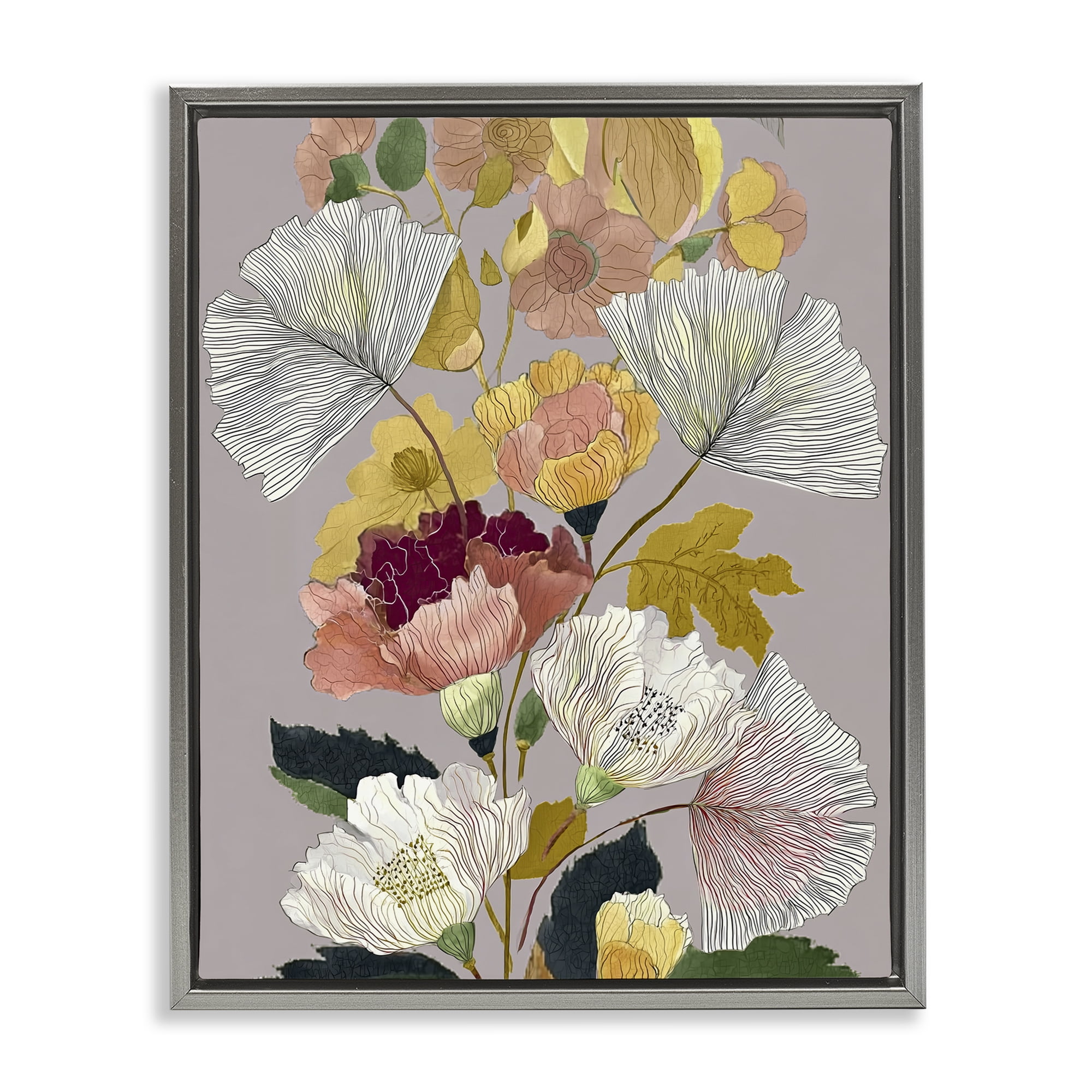 Detailed Foliage Leaves Gray Framed Floater Canvas Wall Art, design by Annabelle Hall
