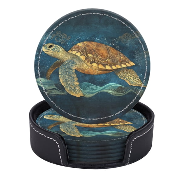 PU Leather Coasters for Drinks Bar Beer,Set of 6 with Holder,Round Housewarming Gift,Detailed Illustration Of Ancient Sea Turtle