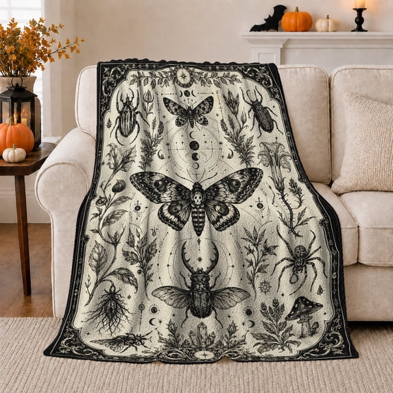 Detailed Moth Beetle Entomology Illustration Vintage Scientific, Mystical Gothic Scene, Warm Flannel Blanket for Office and Dorm, Art Lovers Graduation Gift, Gothic Home Decor