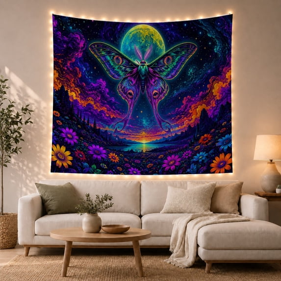 Detailed Moth with Luminous Moon in Cosmic Nebula Sky, Mystical Psychedelic for Boho Decor Enthusiasts, Vibrant Symbolic Wall Art, Birthday Gift, Tapestry Wall Hanging for Bedroom and Living Room
