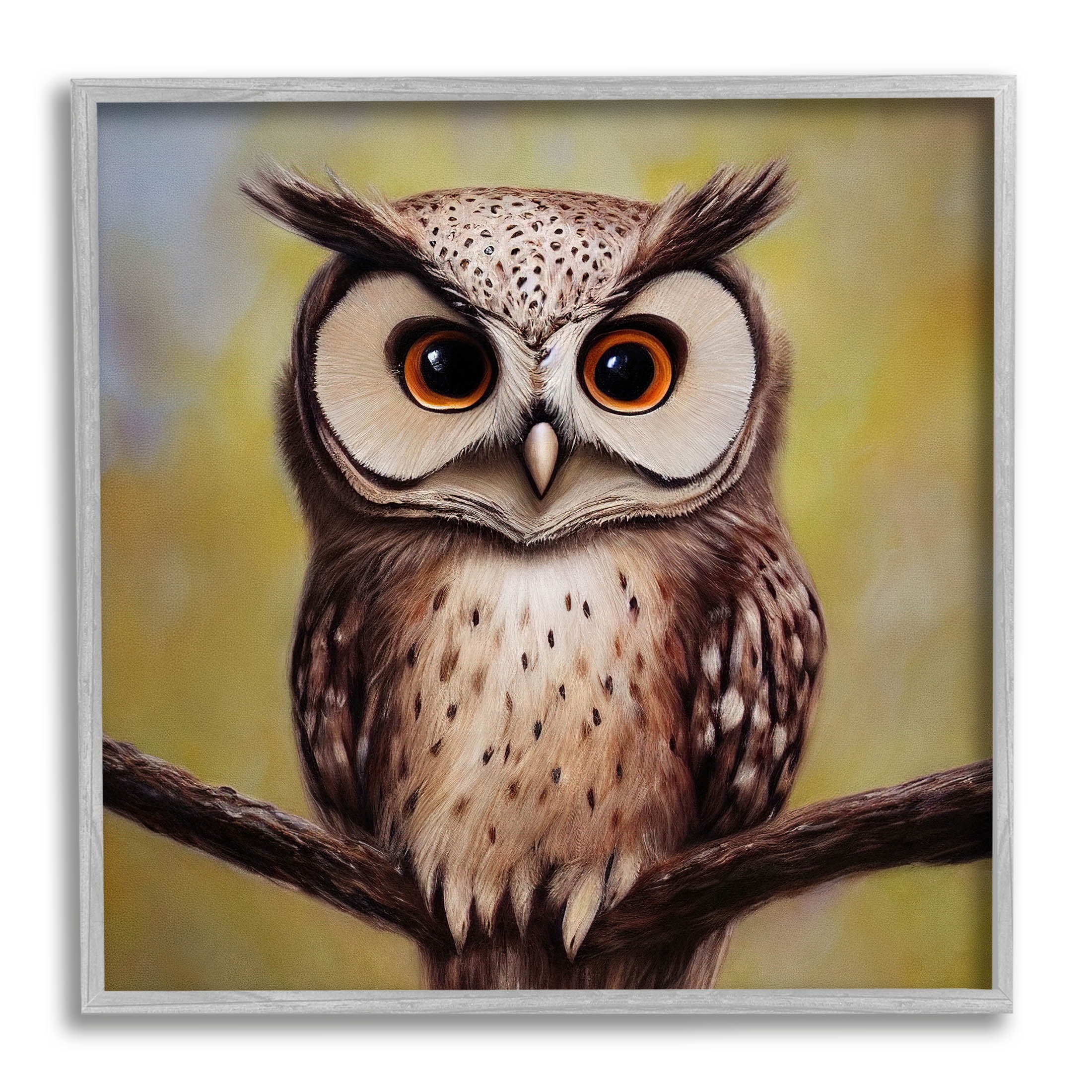 Detailed Owl Perched Wildlife Animals & Insects Painting Gray Framed Art Print Wall Art