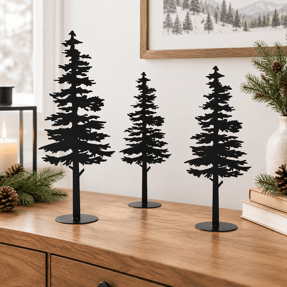 Detailed Pine Metal Pine Tree Figurine Set of 3 Rustic Farmhouse Decor