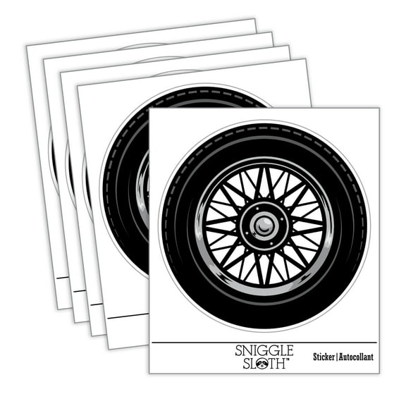 Detailed Realistic Tire Wheel Car Vehicle Car Window Bumper Water Bottle Phone Tablet Laptop Waterproof Vinyl Decal Sticker Set 5-Pack - Gloss Finish - 2.0"