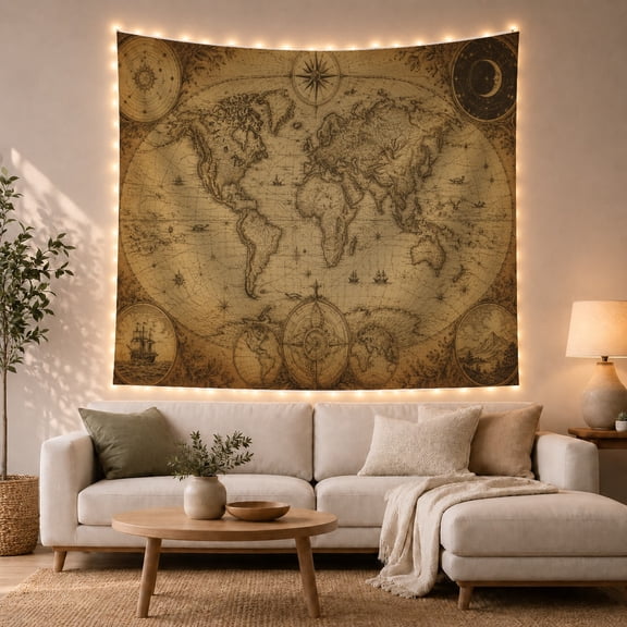 Detailed Sailing Ships on Aged Parchment World Map, Nostalgic Vintage for History Enthusiasts, Antique Nautical Wall Decor, Housewarming Gift Tapestry Wall Hanging for Study Room and Home Library