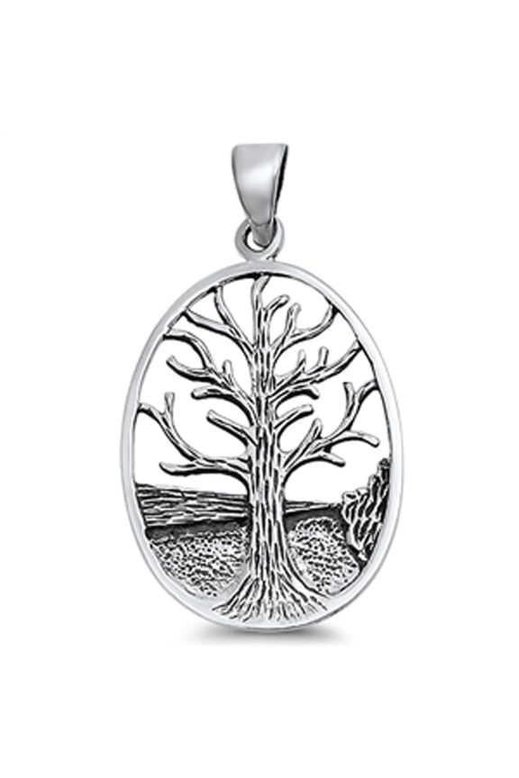 Detailed Tree of Life Pendant .925 Sterling Silver Wood Grain Nature Oval Charm Jewelry Female