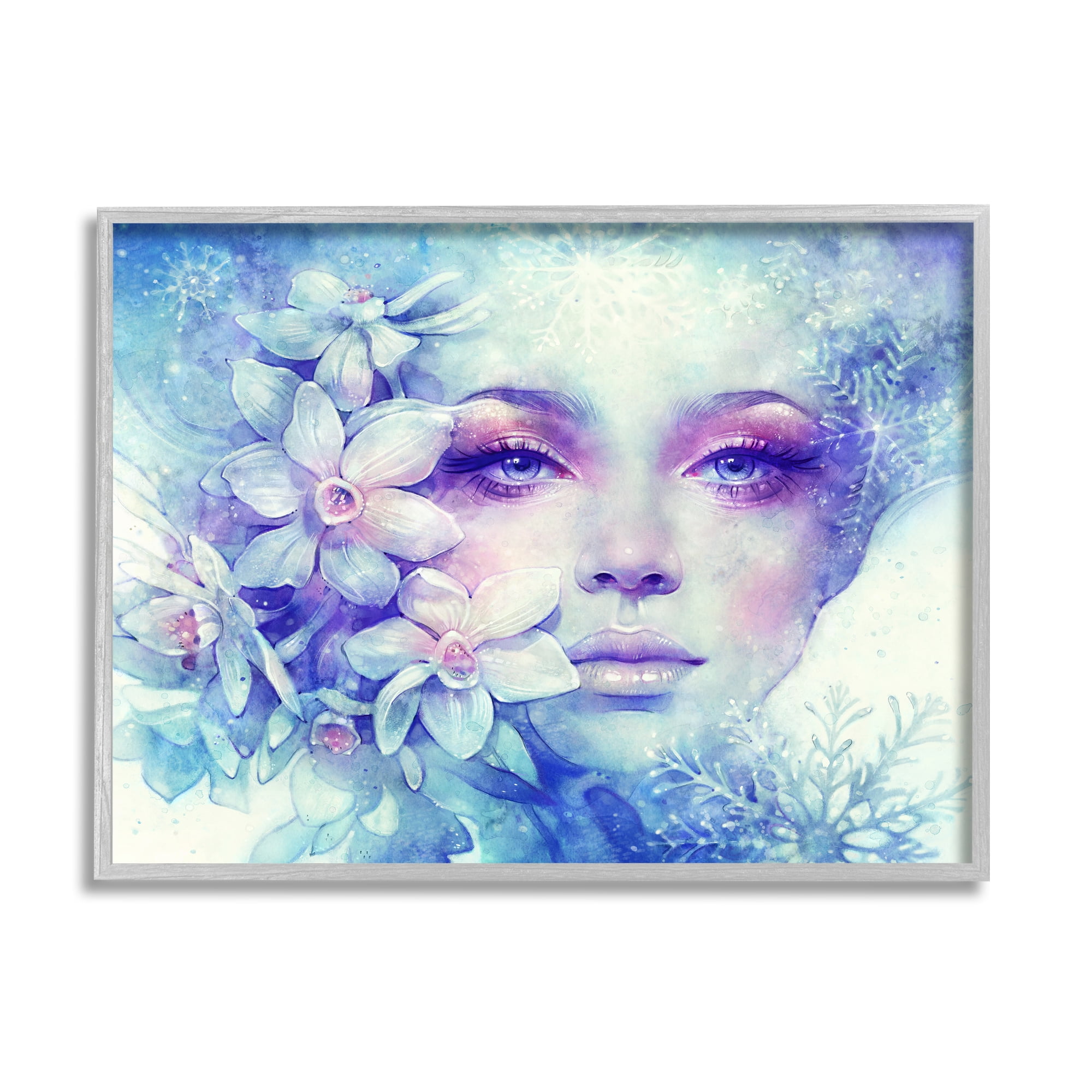 Detailed Woman Purple Makeup Floral Bouquet Snowflakes Botanical & Floral Painting Framed Art Print Wall Art