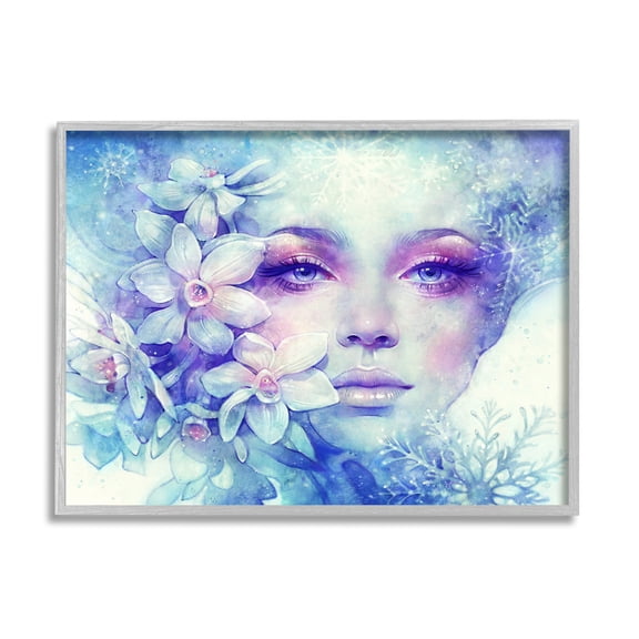Detailed Woman Purple Makeup Floral Bouquet Snowflakes Botanical & Floral Painting Framed Art Print Wall Art
