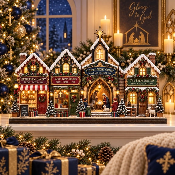 Detailed Wooden Block Christmas Village Nativity Mantel Decor
