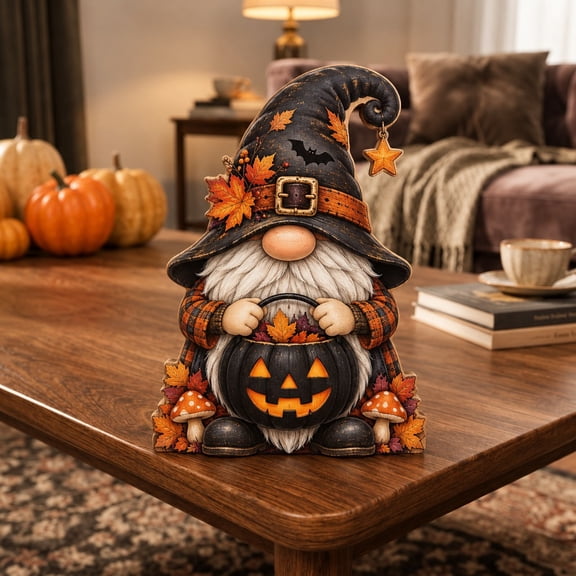 Halloween Wooden Block Detailed Decor Gnome, Spooky Mantel Shelf Sitter and Tabletop Decoration
