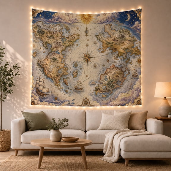 Detailed World with Illustrated Cartographic, Adventurous Vintage for Nautical Decor Lovers, Nautical Wall Decor, Valentine'S Day Gift, Tapestry Wall Hanging for Bedroom and Dorm