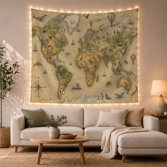 Detailed World with Presented Aged Parchment, Adventurous Vintage for Nautical Decor Lovers, Wall Decor, Valentine'S Day Gift, Tapestry Wall Hanging for Dorm and Living Room