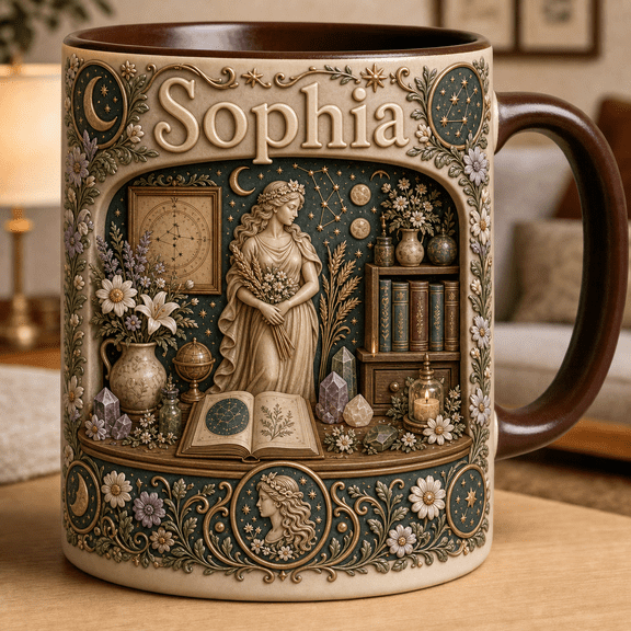 Detailed Zodiac Mug 2D Printed 3D Effect with Custom Name, Flowers & Crystals ,mug gift, coffee mug, ceramic mug