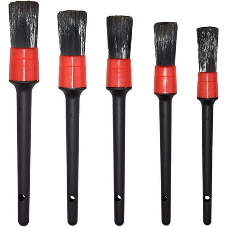 Detailing Brush Set -5 Different Sizes Premium Natural Boar Hair Mixed Fiber Plastic Handle Automotive Detail Brushes for Cleaning Wheels, Engine, Interior, Air Vents, Car, Motorcy