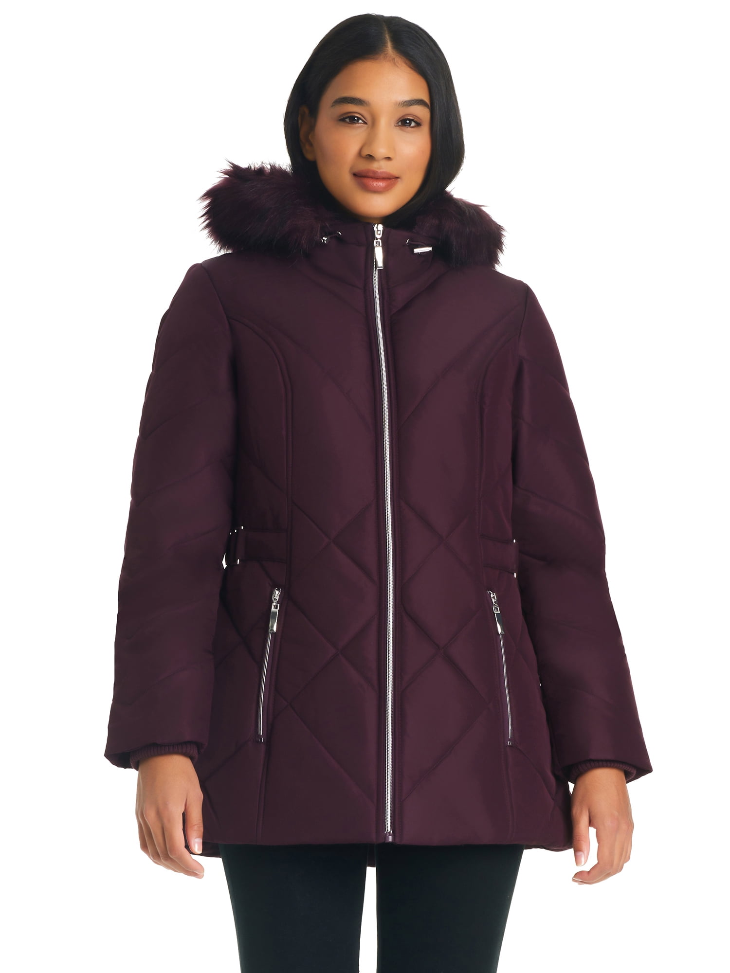 Women s D.E.T.A.I.L.S Faux Fur Hood Quilted Jacket Size XL Dark Red