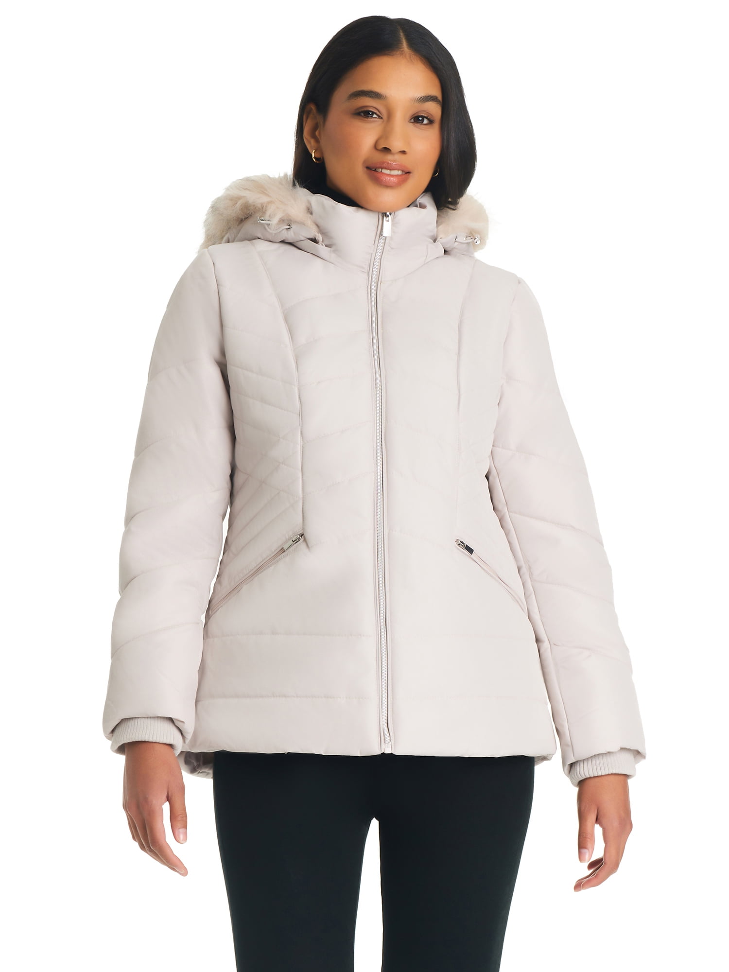 Details Women s Long Sleeve Quilted Puffer Jacket with Faux Fur Trim Size Medium Gray