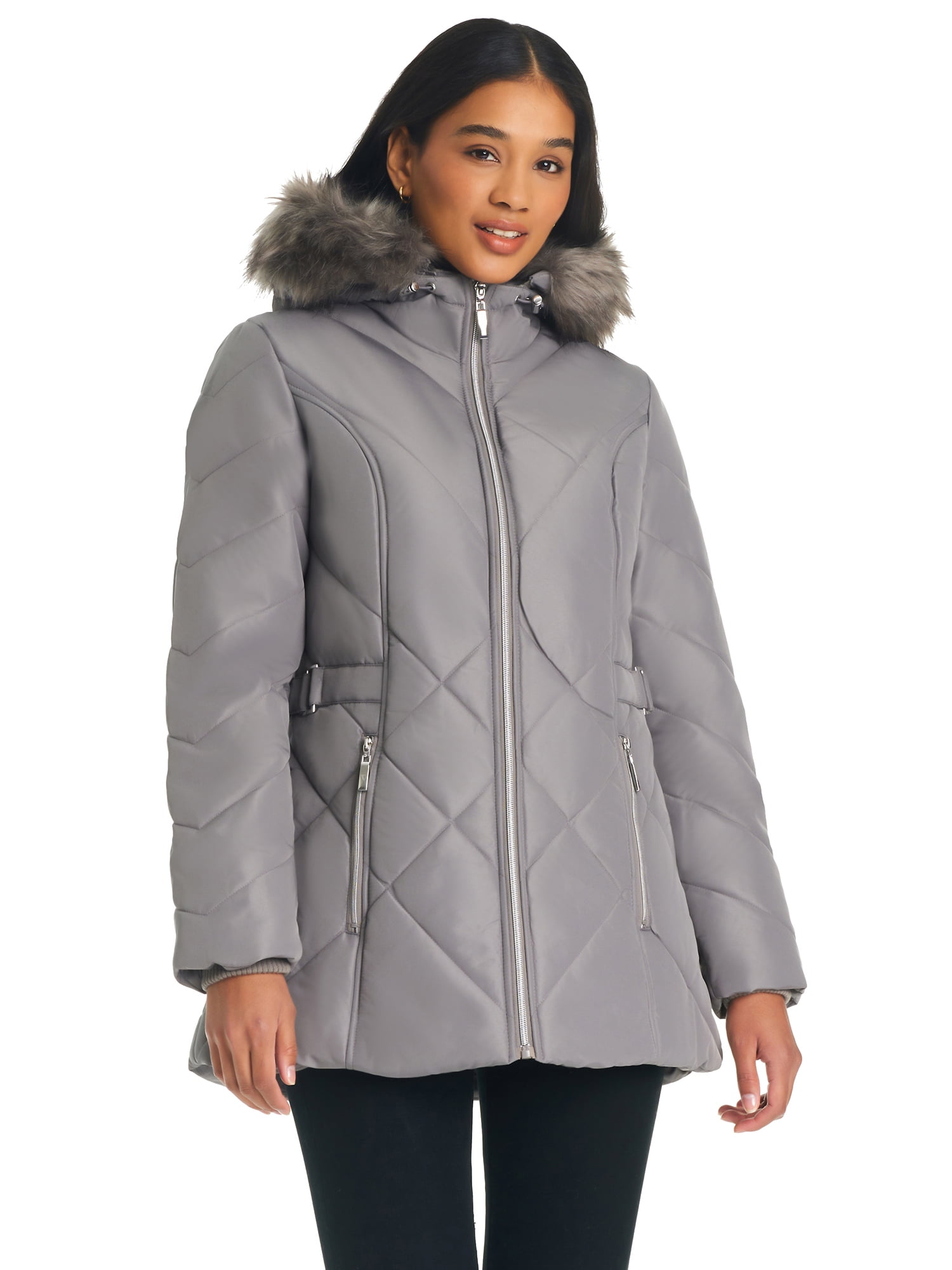 Women s D.E.T.A.I.L.S Faux Fur Hood Quilted Jacket Size XL Light Grey