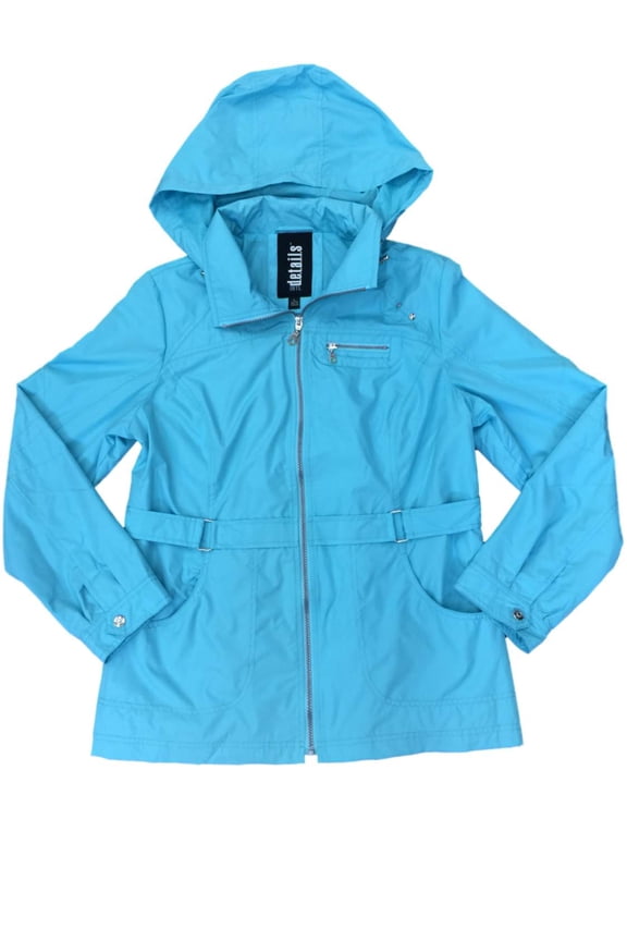 Womens Aqua Lightweight Removable Hood Windbreaker Jacket Trench Coat