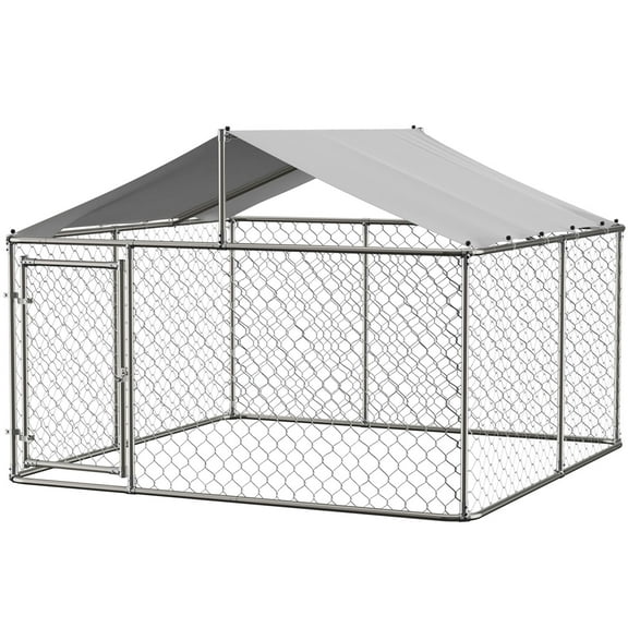 DetalleGo Large Outdoor Dog Kennel, Heavy Duty Galvanized Steel Dog Enclosure with Waterproof UV-Resistant Cover, Lockable Door Chain Link Playpen for Large Pets (90" L x 90" W x 65" H)