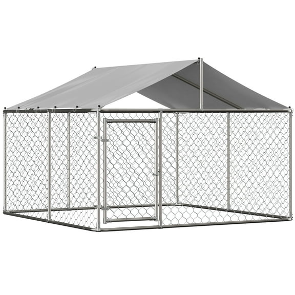 DetalleGo Large Outdoor Dog Kennel, Heavy Duty Galvanized Steel Dog Enclosure with Waterproof UV-Resistant Cover, Lockable Door Chain Link Playpen for Small to Large Pets (118" L x 118" W x 71" H)