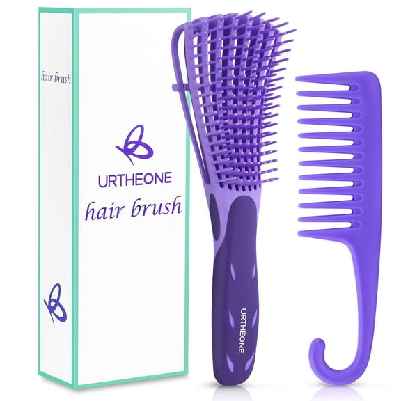 Detangle Hair Brush Comb Set for Adults Kids Kinky Curly Wavy Wet Dry Hair Afro American Type 3a-4c, Comfortable Grip(Purple)