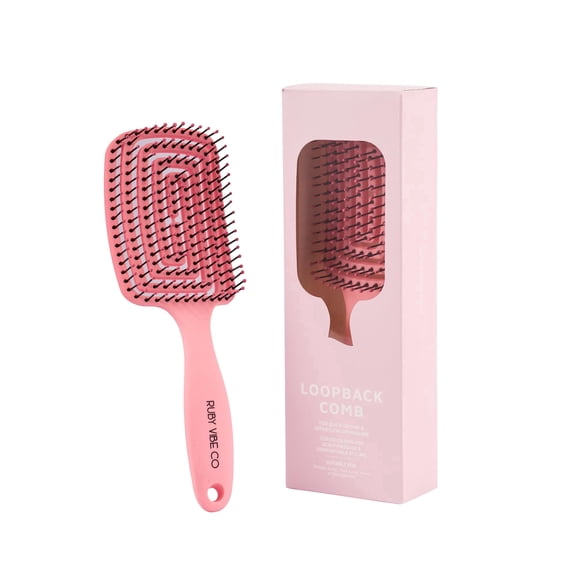 RUBY VIBE CO Loopback Vented Hair Brush for Wet & Dry Hair, Detangler Brush with Curved Design for Thick, Curly & Fine Hair, Pink