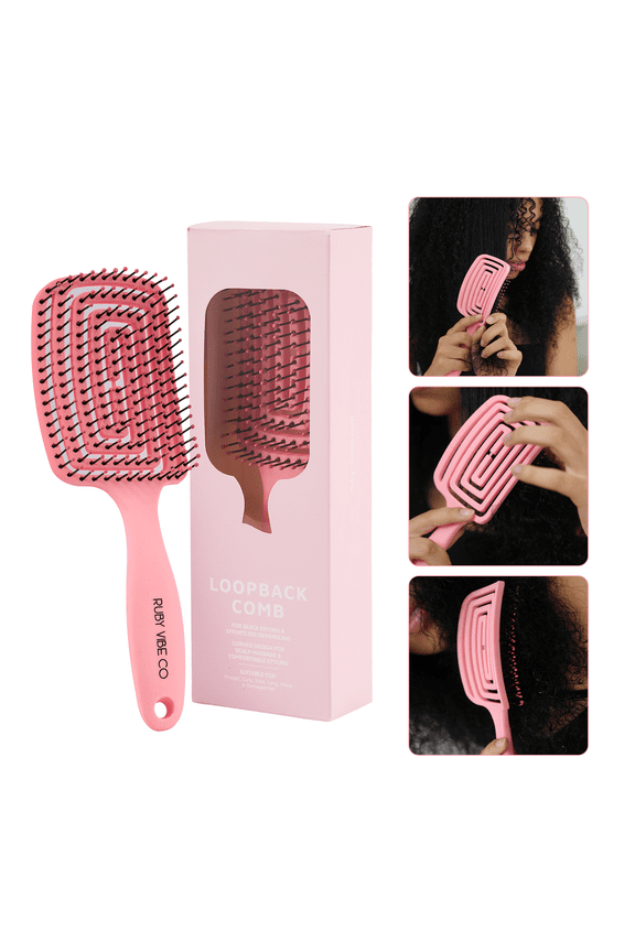 Loopback Vented Hair Brush for Wet & Dry Hair, Detangler Brush with Curved Design for Thick, Curly & Fine Hair, Pink
