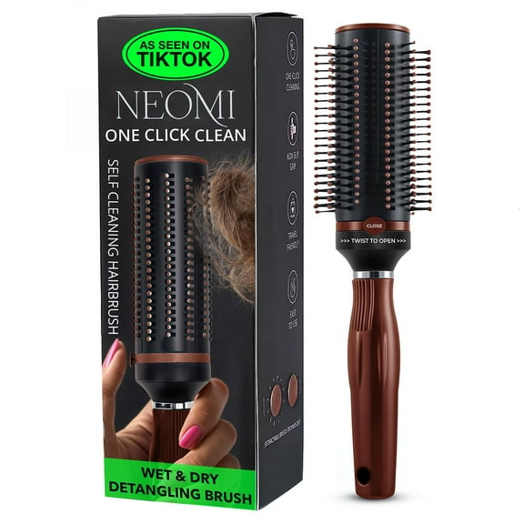 Self Cleaning Brushes for Women - Roller Retractable Detangler Round Brush for Blow Out Travel Brown Christmas Gifts for Womens