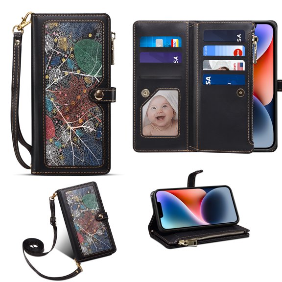 Detck Case for Google Pixel 7 2022 Release, PU Leather Case Vintage Pattern Detachable Wrist Strap Crosbody Lanyard Flip Kickstand Card Slots Wallet Compartment Full Protective Case, Black