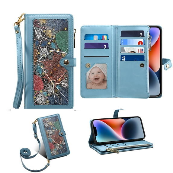 Detck Case for Samsung Galaxy A33 5G 6.5" 2022 Release, PU Leather Case Vintage Pattern Detachable Wrist Strap Crosbody Lanyard Flip Kickstand Card Slots Wallet Compartment Full Protective Case, Blue