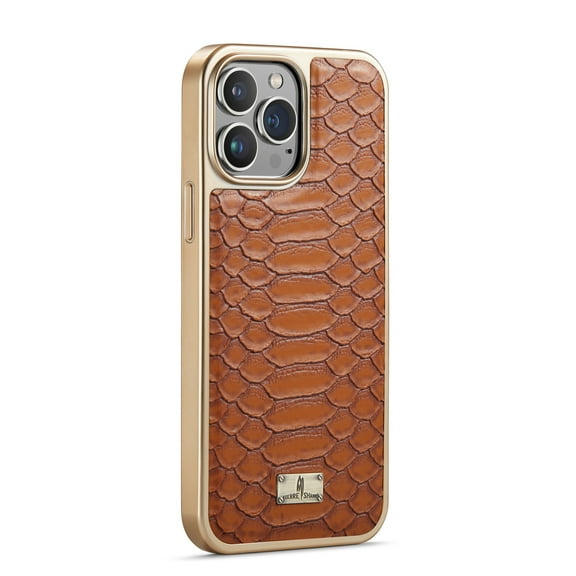 Detck Case for iPhone 12/12 Pro 6.1 Inch, Soft PU Leather with Python Pattern & Metal Logo TPU Plating Edge Camera & Screen Protection Shockproof Ultra-thin Case For iPhone 12 Pro / 12 6.1", Brown