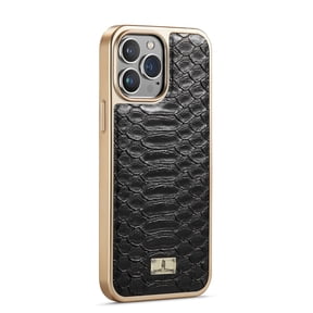 Detck Case for iPhone 12/12 Pro 6.1 Inch, Soft PU Leather with Python Pattern & Metal Logo TPU Plating Edge Camera & Screen Protection Shockproof Ultra-thin Case For iPhone 12 Pro / 12 6.1", Black
