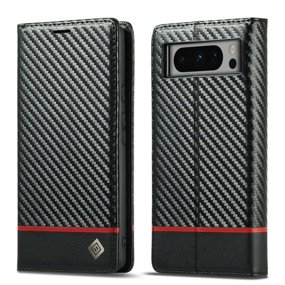 Detck Flip Wallet Case for Google Pixel 8 Pro with Card Holder Kickstand, Carbon Fiber Texture PU Leather Magnetic Closure Protective Cover for Google Pixel 8 Pro,Black-Horizontal