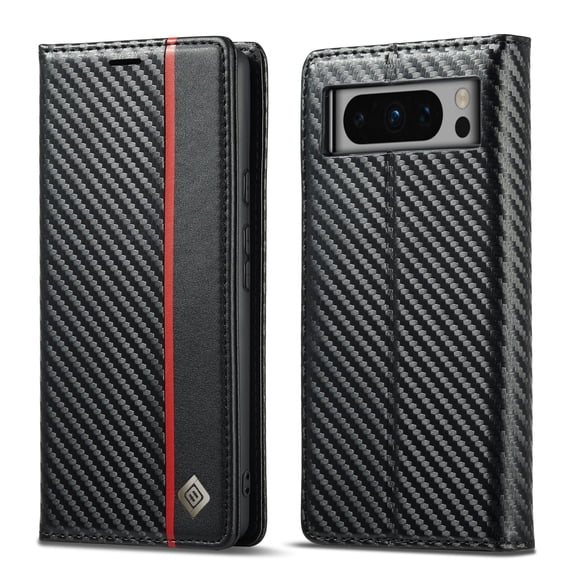 Detck Flip Wallet Case for Google Pixel 8 Pro with Card Holder Kickstand, Carbon Fiber Texture PU Leather Magnetic Closure Protective Cover for Google Pixel 8 Pro,Black-Vertical