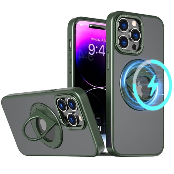 Detck Invisible Stand Magnetic Case for iPhone 12 / 12 Pro 6.1", Compatible with MagSafe, Military Grade Shockproof Translucent Matte Scratchproof Magnetic Stand Kickstand Ring Holder Case,Green
