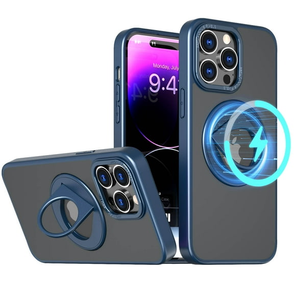 Detck Invisible Stand Magnetic Case for iPhone 12 / 12 Pro 6.1", Compatible with MagSafe, Military Grade Shockproof Translucent Matte Scratchproof Magnetic Stand Kickstand Ring Holder Case,Blue