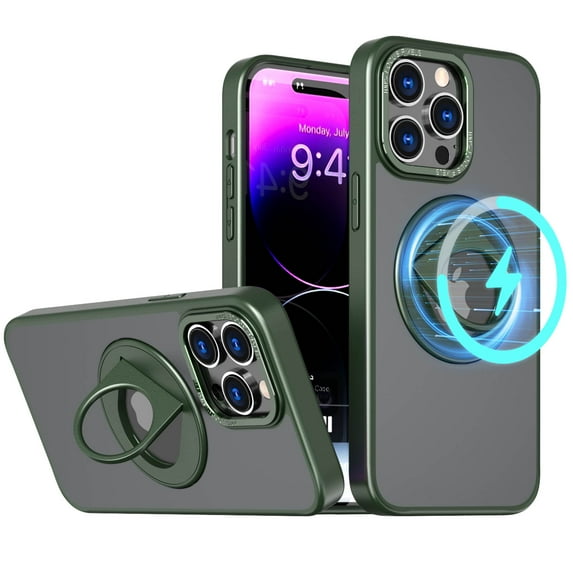 Detck Invisible Stand Magnetic Case for iPhone 14 Pro Max, Compatible with MagSafe, Military Grade Shockproof Translucent Matte Scratchproof Magnetic Stand Kickstand Ring Holder Case,Green