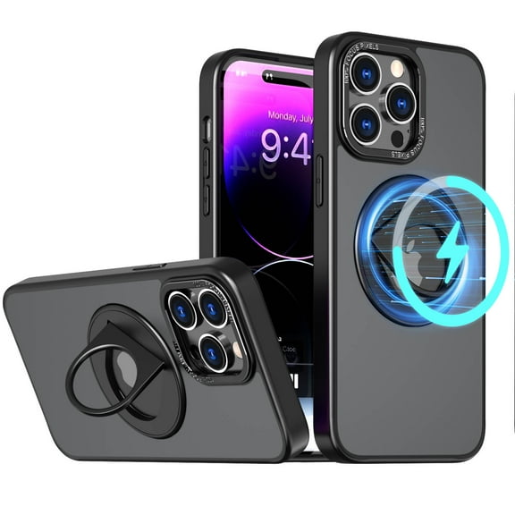 Detck Invisible Stand Magnetic Case for iPhone 14 Pro Max, Compatible with MagSafe, Military Grade Shockproof Translucent Matte Scratchproof Magnetic Stand Kickstand Ring Holder Case,Black