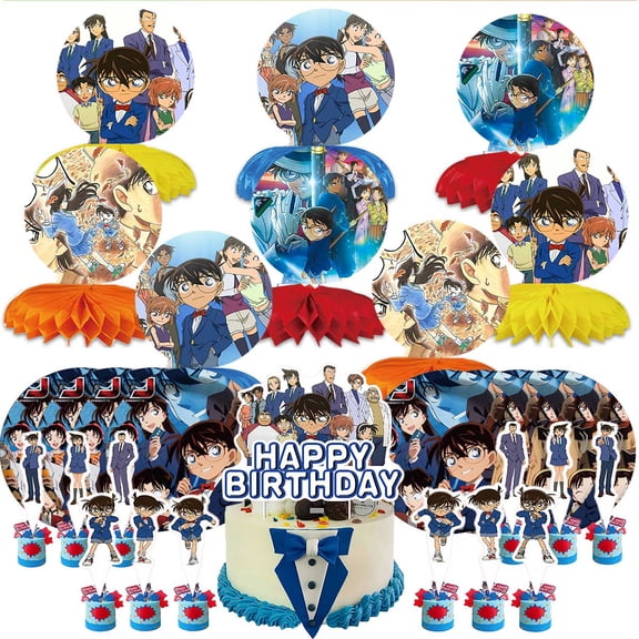 Detective Conan Case Closed Party Supplies Decor Plates Fans Decorations Honeycomb Centerpieces Cake Toppers