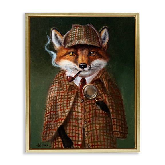 Stupell Industries Detective Fox with Pipe Gold Framed Floater Canvas Wall Art, design by Lucia Heffernan