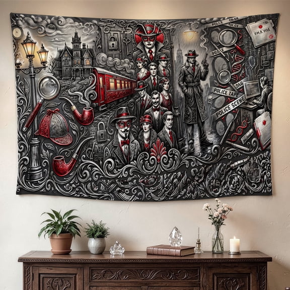 Detective Mystery Noir Vintage Style Wall tapestry, Large size Printed Horizontal Tapestry blanket, Polyester Fabric Wall Hanging for living room, office, No Installation Required, Indoor, Outdoor, G