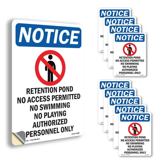 Detention Pond No With Symbol OSHA Notice Vinyl Decal Label 14 Inch x 10 Inch - 10 Pack