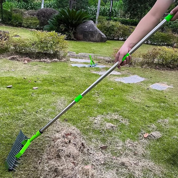 Dethatcher Lawn Rake 3-Section Long Handle Metal Leaf Rake 52.8 Inch Garden Tool for Soil Loosening and Thatch Removal