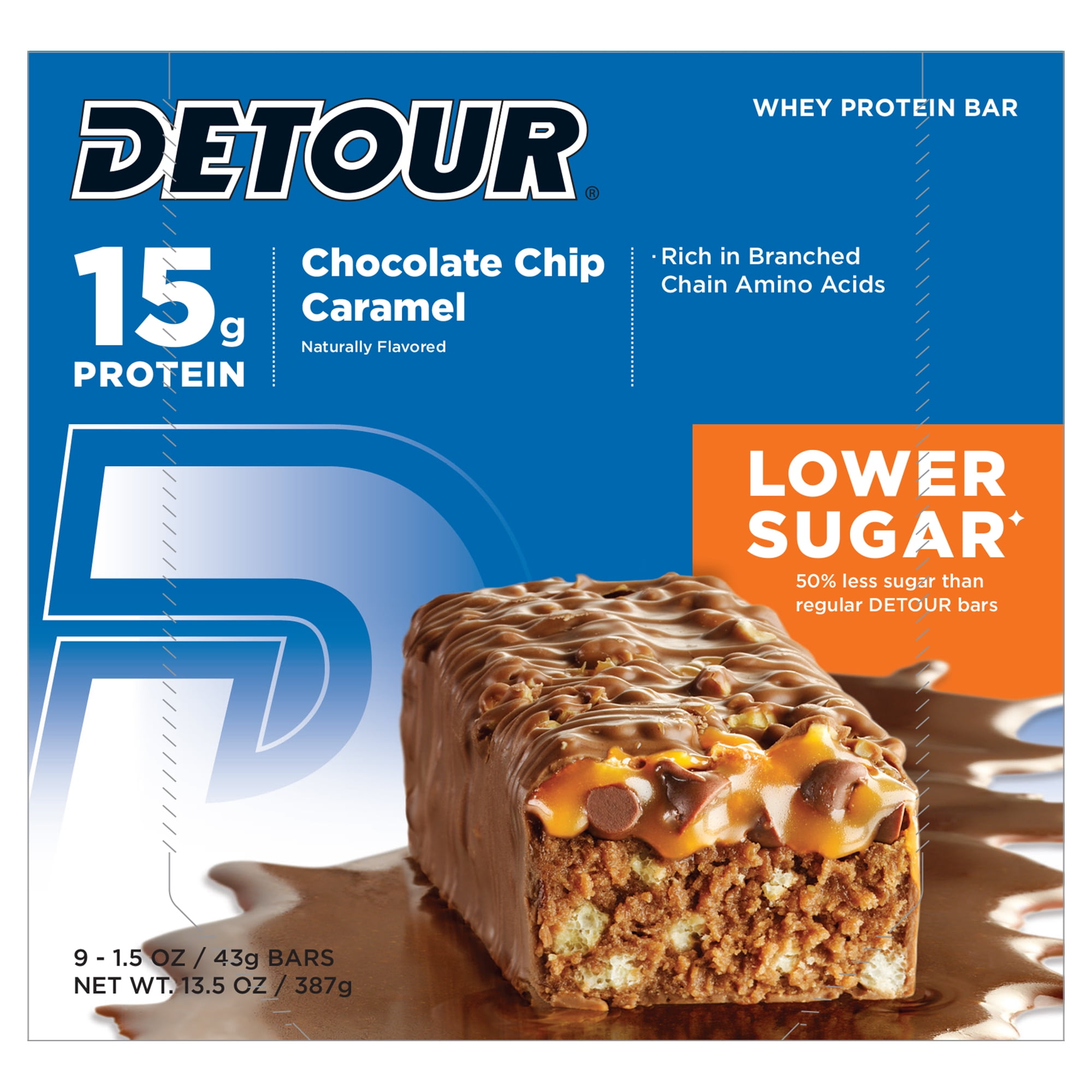 Detour Lower Sugar Protein Bar, Chocolate Chip Caramel, 15g Protein, 9 Ct