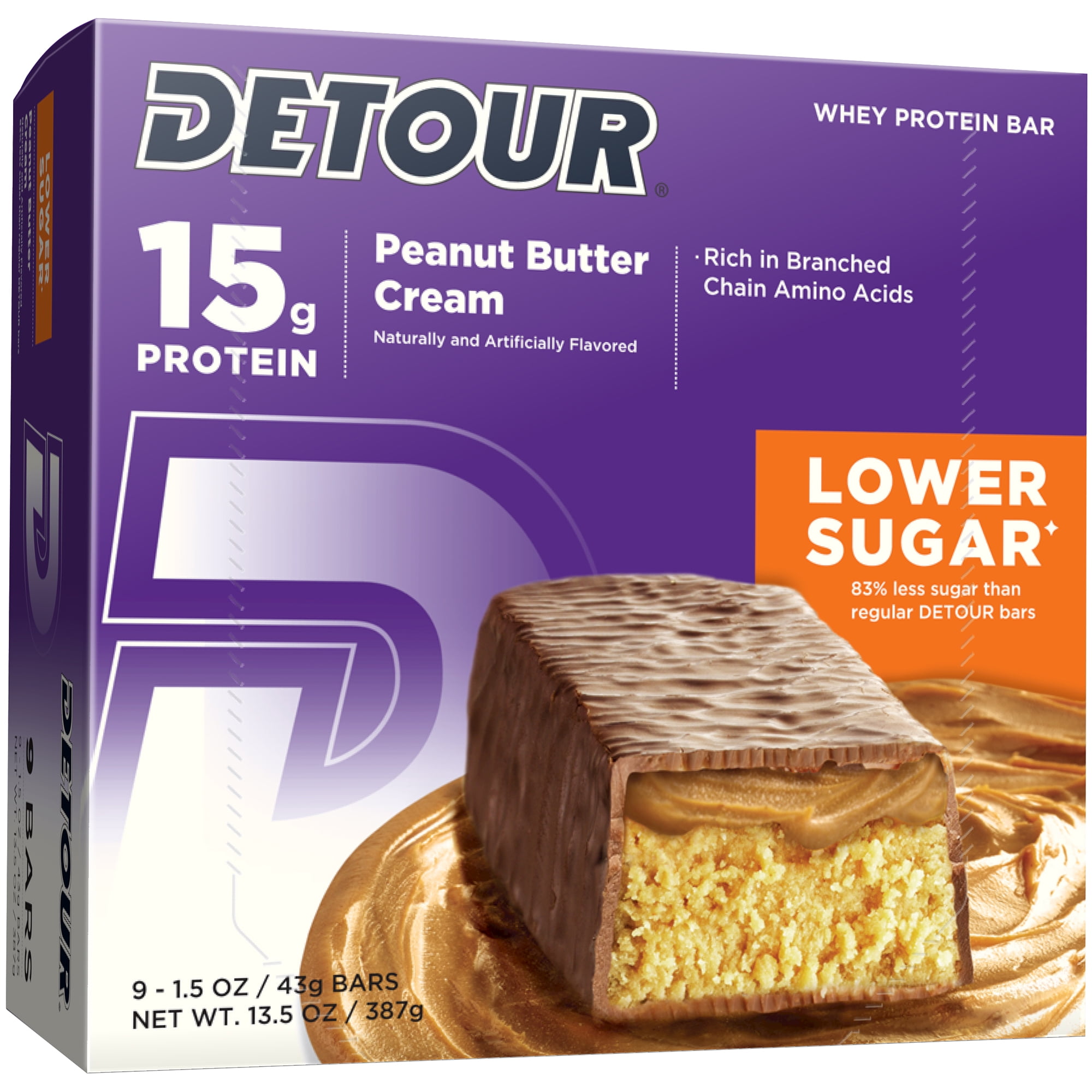 Detour Lower Sugar Protein Bar, Peanut Butter Cream, 15g protein, 9 Ct